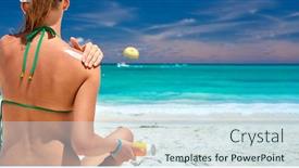  Presentation with sunscreen - Presentation consisting of tan-woman-on-beach-applying background and a sky blue colored foreground