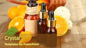  Presentation with essential oil - Slide deck having tangerine essential oil and tangerines on wooden table background and a tawny brown colored foreground