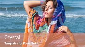  Presentation with sea sun - Presentation theme with tanned-young-beach-fashion-woman background and a coral colored foreground