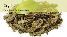  Presentation with tea leaves fresh green leaf - Presentation theme consisting of tannins - green tea with leaf isolated background and a yellow colored foreground