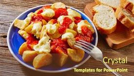  Presentation with mayonaise - Presentation theme consisting of tapas patatas bravas potatoe fries with tomato and mayonaise from spain background and a tawny brown colored foreground