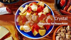  Presentation with potatoe - PPT theme having tapas patatas bravas potatoe fries with tomato and mayonaise from spain background and a tawny brown colored foreground