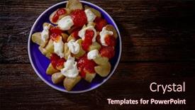  Presentation with mayonaise - Slide deck enhanced with tapas patatas bravas potatoe fries with tomato and mayonaise from spain background and a wine colored foreground