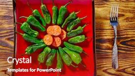  Presentation with tapas - Presentation design with tapas pimientos del padron green peppers with sausage background and a tawny brown colored foreground