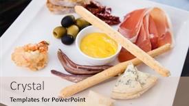  Presentation with tapas - Theme enhanced with tapas platter with variety of cheeses ham and olives background and a lemonade colored foreground