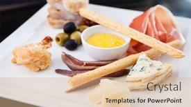  Presentation with tapas - Audience pleasing slide deck consisting of tapas platter with variety of cheeses ham and olives backdrop and a coral colored foreground