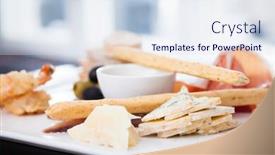  Presentation with tapas - PPT layouts with tapas platter with variety of cheeses ham and olives background and a sky blue colored foreground