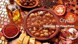  Presentation with tapas - Audience pleasing presentation design consisting of tapas snail recipe from spain in clay plate backdrop and a tawny brown colored foreground