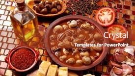  Presentation with tapas - Colorful presentation theme enhanced with tapas snail recipe from spain in clay plate backdrop and a tawny brown colored foreground