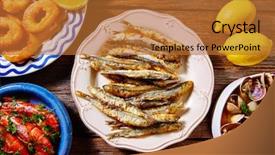  Presentation with clams - Theme with tapas spanish seafood clams shrimps calamari romana and fried anchovies fish background and a red colored foreground