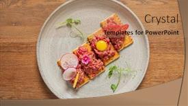  Presentation with tapas - PPT theme enhanced with tapas-with-beef-tartare background and a coral colored foreground
