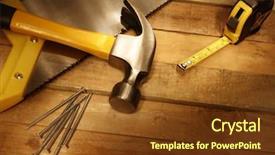  Presentation with wood tools - Audience pleasing slide deck consisting of tape deck - assorted work tools on wood backdrop and a  colored foreground