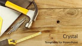  Presentation with wood tools - Presentation theme having tape deck - assortment of tools on wood background and a  colored foreground