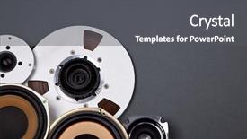  Presentation with speakers - Presentation featuring tape disk - audio sound speakers and open background and a dark gray colored foreground