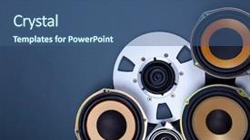  Presentation with audio tape - Amazing presentation design having tape disk - audio sound speakers and open backdrop and a ocean colored foreground