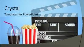  Presentation with popcorn movie - PPT layouts consisting of tape disk - movie clapperboard cola and popcorn background and a light blue colored foreground
