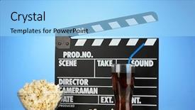  Presentation with movie popcorn - PPT theme with tape disk - movie clapperboard cola and popcorn background and a  colored foreground