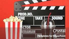  Presentation with red movie - Slide set featuring tape disk - movie clapperboard cola and popcorn background and a tawny brown colored foreground