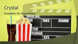  Presentation with popcorn movie - PPT layouts having tape disk - movie clapperboard cola and popcorn background and a yellow colored foreground