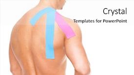  Presentation with shoulder - Cool new presentation with tape disk - muscular man with kinesiotaping backdrop and a white colored foreground