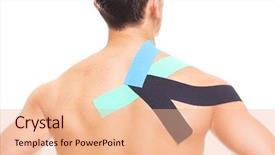  Presentation with shoulder - Amazing PPT layouts having tape disk - muscular man with kinesiotaping backdrop and a coral colored foreground