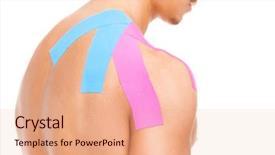  Presentation with shoulder - Slides with tape disk - muscular man with kinesiotaping background and a coral colored foreground