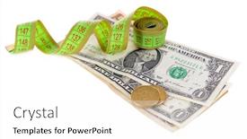 Presentation with tape measure - Colorful presentation design enhanced with tape-measure-with-money-isolated backdrop and a white colored foreground