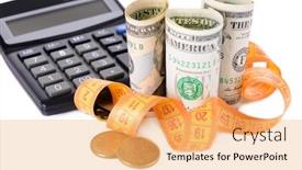  Presentation with tape measure - Slides featuring tape measure with money and calculator isolated on white background and a yellow colored foreground