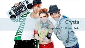  Presentation with tape recorder - Beautiful presentation design featuring tape recorder - group of trendy teenagers dancing backdrop and a light blue colored foreground