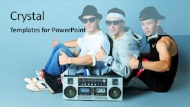  Presentation with muslim teenagers - Audience pleasing presentation theme consisting of tape recorder - group of trendy teenagers posing backdrop and a light blue colored foreground