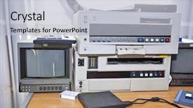  Presentation with studio audio tape - Amazing PPT theme having tape recording - television and audio equipment backdrop and a  colored foreground