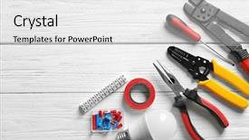  Presentation with electrical tools - Beautiful presentation theme featuring taping device - different electrical tools on wooden backdrop and a white colored foreground