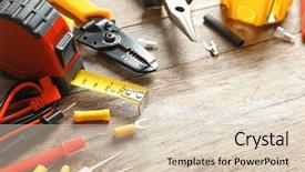  Presentation with electrical tools - Theme enhanced with taping device - different electrical tools on wooden background and a lemonade colored foreground