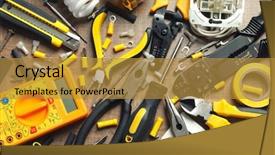  Presentation with electrical tools - Beautiful slides featuring taping device - different electrical tools on wooden backdrop and a gold colored foreground