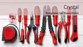  Presentation with electrical tools - Colorful PPT layouts enhanced with taping device - different electrical tools on wooden backdrop and a soft green colored foreground