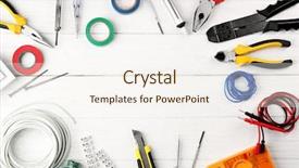  Presentation with electrical tools - Presentation design having taping device - different electrical tools on wooden background and a sky blue colored foreground