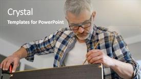  Presentation with handyman - Slide deck featuring taping device - handyman measuring shelf checking even background and a gray colored foreground