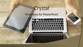  Presentation with cell - Amazing PPT theme having taping device - workplace - laptop tablet backdrop and a coral colored foreground