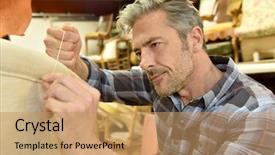  Presentation with workshop - Slides with tapistry - man working in upholstery workshop background and a coral colored foreground