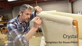  Presentation with workshop - Cool new presentation theme with tapistry - man working in upholstery workshop backdrop and a coral colored foreground