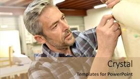  Presentation with taperecorder workshop - Audience pleasing presentation theme consisting of tapistry - man working in upholstery workshop backdrop and a  colored foreground