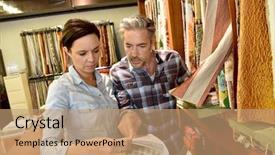  Presentation with sample - PPT theme with tapistry - people in upholstery shop choosing background and a coral colored foreground