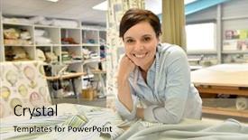  Presentation with radio workshop - Audience pleasing PPT theme consisting of tapistry - portrait of happy seamstress woman backdrop and a coral colored foreground