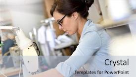  Presentation with sewing machine - Colorful slides enhanced with tapistry - portrait of seamstress working backdrop and a light blue colored foreground