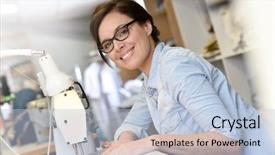  Presentation with sewing machine safety - PPT theme featuring tapistry - portrait of seamstress working background and a light blue colored foreground