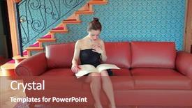  Presentation with english magazine - Presentation design enhanced with tapistry - woman reading a magazine background and a  colored foreground