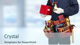  Presentation with water tap - Colorful presentation design enhanced with tapping tool - plumber hands with water tap backdrop and a sky blue colored foreground