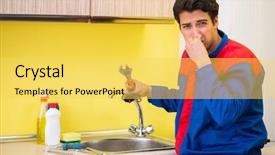  Presentation with kitchen remodelig - Audience pleasing slides consisting of tapping tool - plumber repairing tap at kitchen backdrop and a  colored foreground