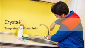  Presentation with kitchen fires - Cool new slide set with tapping tool - plumber repairing tap at kitchen backdrop and a  colored foreground