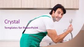  Presentation with plumber - Beautiful slides featuring tapping tool - young plumber repairing tap backdrop and a sky blue colored foreground